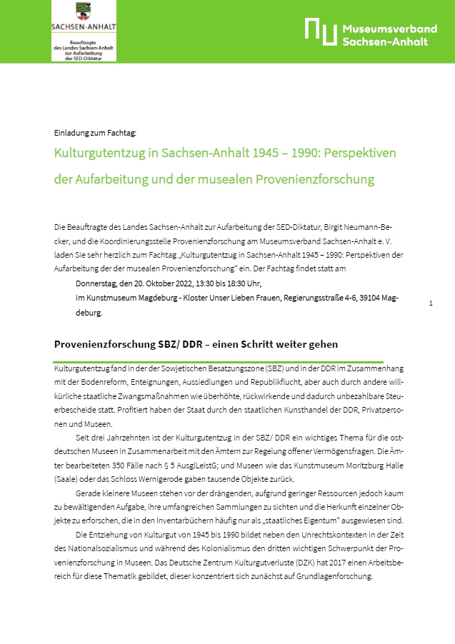 Fachtag Kulturgutentzug in Sachsen-Anhalt 1945–1990
