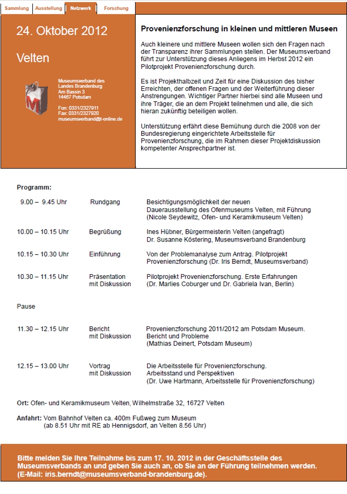 Provenienzforschung in kleinen und mittleren Museen 2012
